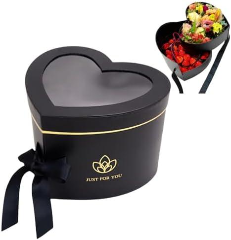 BBJ WRAPS Luxury Heart Shaped Flower Box with Lid Florist Double Layer Gift Paper Mache Boxes for Arrangements-9"(L) x 8"(W) x 6.5"(H) (Black & White), 4 Pack