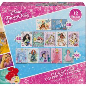 Spin Master Games, Disney Princess 12-Puzzle Bundle - Moana, Ariel, Mulan, Cinderella & More, with 48-Piece, 63-Piece, & 100-Piece Disney Puzzles for Kids, for Ages 4 & Up
