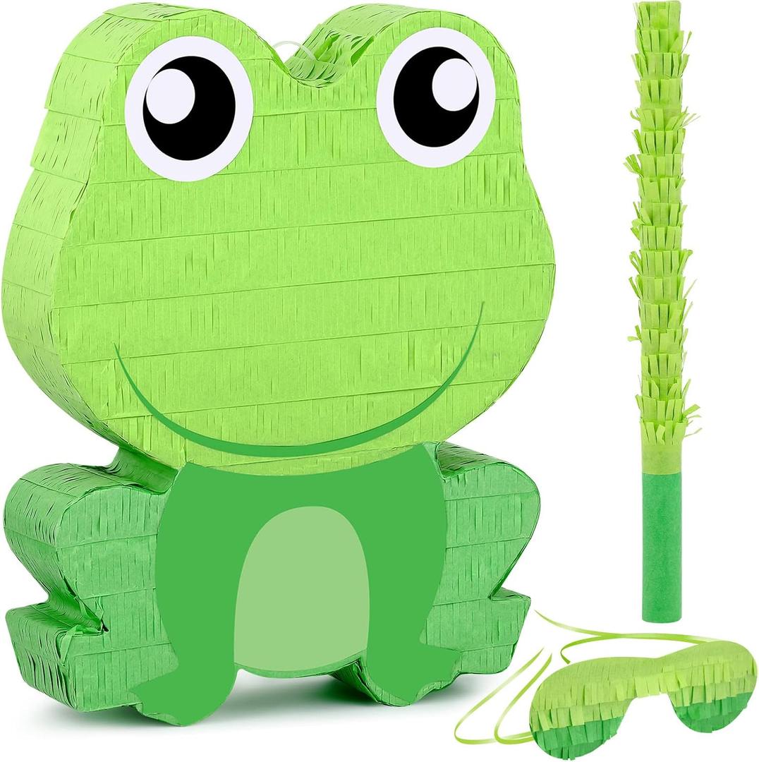3 Pcs Cow Dog Frog Panda Piata Farm Birthday Party Favors Decorations Supplies Include Large Piata, Stick, Paper Blindfolds for Barnyard Theme Country Outdoor Party Games for Kids (Frog)