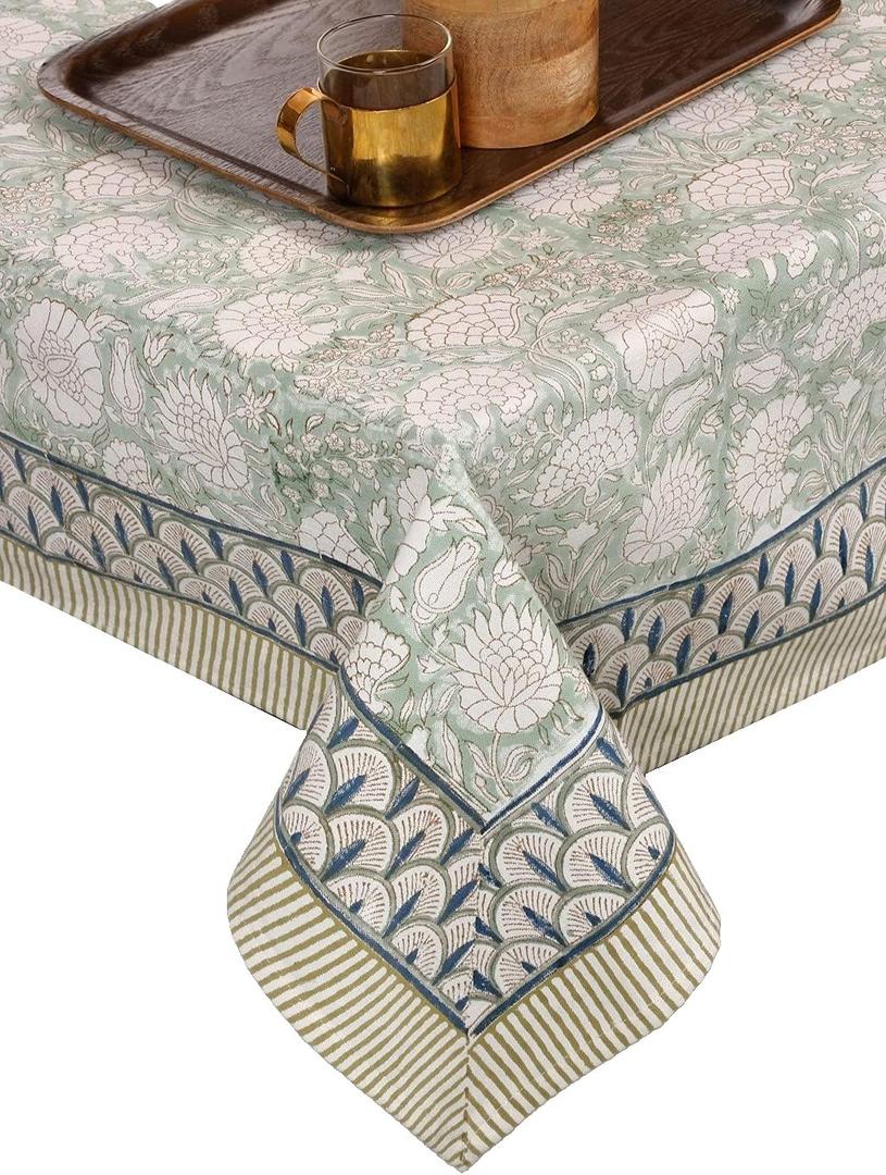ATOSII Jade 100% Cotton Boho Rectangle Summer Tablecloth, Block Print Floral Table Cloth Linen for Dining, Parties, Weddings, Outdoors Table Decor I 60 X 90 Inches I 6 Seater I
