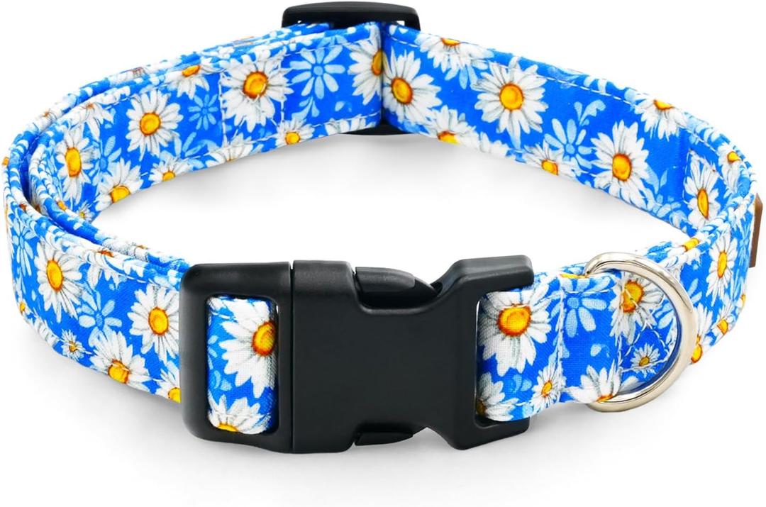 Tunkoo Blue Daisy Dog Collar, Cute Adjustable Premium Cotton Collar Durable Plastic Buckle for Small Medium Large Boys Girls Dogs, S