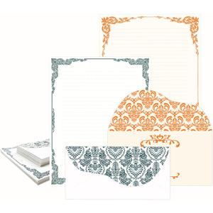 Anzon Mories 96 Piece Stationary Set (64 Sheet Paper and 32 Envelope) Both Side Line Vintage Ivory Lace pattern 2 Color Navy Orange Gold border Stationery Letter Writing Paper 8.5 x 11 In College Rule