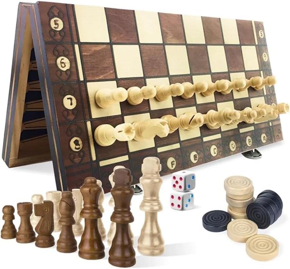Magnetic Wooden Chess Board Set - 3-in-1 Game Combo: Chess, Checkers, and Backgammon, Travel Chess Board Game Luxury Gift with Storage