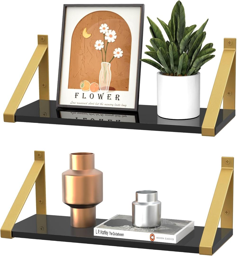 Gold Black Floating Shelves Wall Mounted Set of 2, 8mm Transparent Acrylic, Invisible Wall Shelves for Bedroom, Living Room, Bathroom, Kitchen, Office Display Decor (13 In)