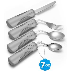 Adaptive Utensils (4-Piece Kitchen Set) Weighted 7 oz - 42 Angled Utensils for Parkinson's Patients, Hand Tremors, Arthritis & Elderly - Weighted Silverware for Hand Tremors (Left Handed)