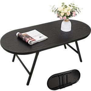 Black Small Coffee Table Wooden Oval Folding Low Coffee Tables with Metal Legs Portable Floor Table Desk for Living Room Small Spaces Apartment Oudoor Use, 42" x 20" x 16.5"