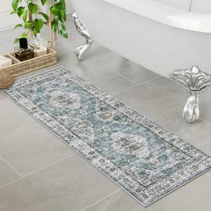 Uphome Bathroom Rugs Runner, Distressed Farmhouse Boho Blue Bath Mat, Non Slip Washable Long Bath Rugs, Vintage Traditonal Soft Velvet Bathroom Runner for Bathtub Sink Shower, 18x47 inch
