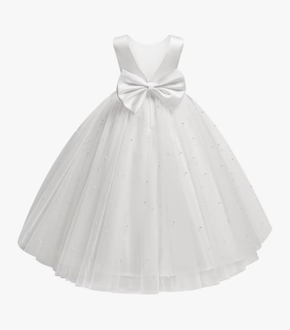 Dypaha Flower Girl Dress for Wedding Pearls Tulle Dress Kids Princess Communion Pageant Ankle Length Dresses with Bow-Knot 6, White
