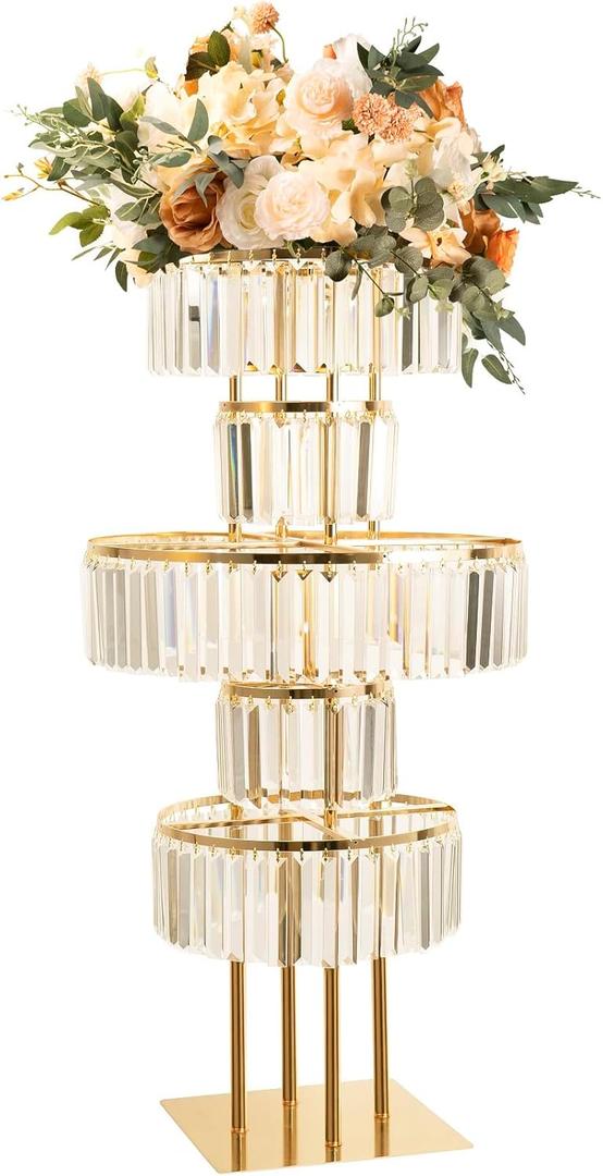 Bigsee Wedding Gold Vases Centerpieces Crystal Flower Stand with Hanging Crystals, 5 Tier Round Chandelier Pedestal Stand for Wedding Road Lead T Stage Flower Arrangement Decoration