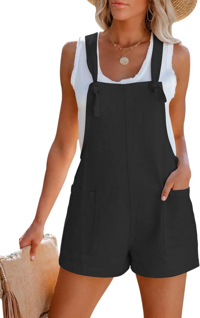 Aoudery Women's Summer Casual Sleeveless Rompers Loose Spaghetti Strap Cotton Shorts Overalls Jumpsuit with Pockets (Black, XS)