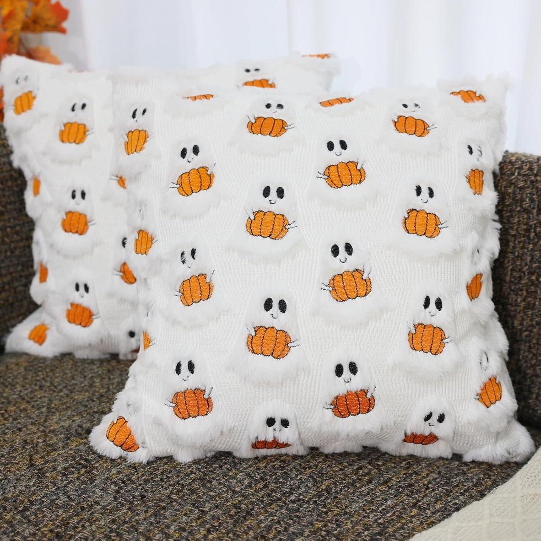 Halloween Ghost Pillow Covers 18x18 inch Set of 2 White Soft Plush Faux Fur Decorative Cushion Covers for Couch Sofa Bed Porch Living Room Halloween Decor (Pumpkin Gost)