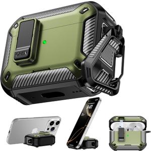 RFUNGUANGO AirPods Pro 3 Case, Compatible with Apple AirPods Pro 3rd Generation (2025) Protective Case with Phone Holder & Cleaning Kit, Magnetic Automatic Lock, Compatible with Magsafe, Military Green