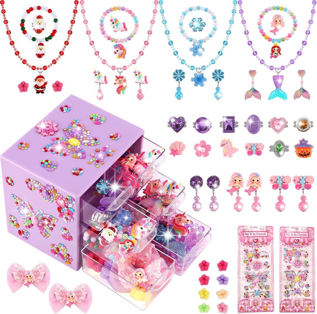 Toddler Girl Toys for Ages 5-7 Littler Girls Jewelry Set,51Pcs Kids Toy for Girls Age 8-10 Clip on Earrings,Princess Toys Adjustable Ring,Girl Toy Age 3 4 5 6-8 Year Old Birthday Christmas Gifts (Purple)