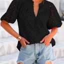 BTFBM Womens Blouses Summer Hollow Out Eyelet Embroidery Tops V Neck Buttons Puff Sleeve Boho Shirts Spring Fashion 2026 (Black, XL)