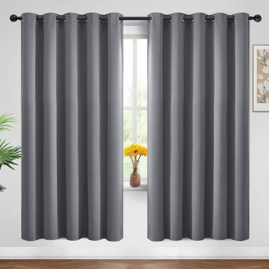 Yakamok Blackout Curtains Room Darkening Thermal Insulated Window Panels,Solid Grommet Top Drapes for Bedroom/Living Room (62Wx72L, Grey, 2 Panels)