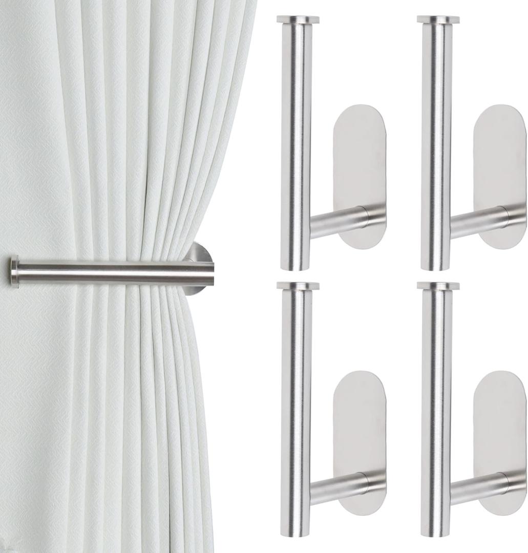 Groleca Adhesive Curtain Holdbacks - 4 Pack No Drill Tie Backs Hooks for Drapes, Damage-Free Wall Mounted Curtain Holders with Strong Adhesive (Silver)