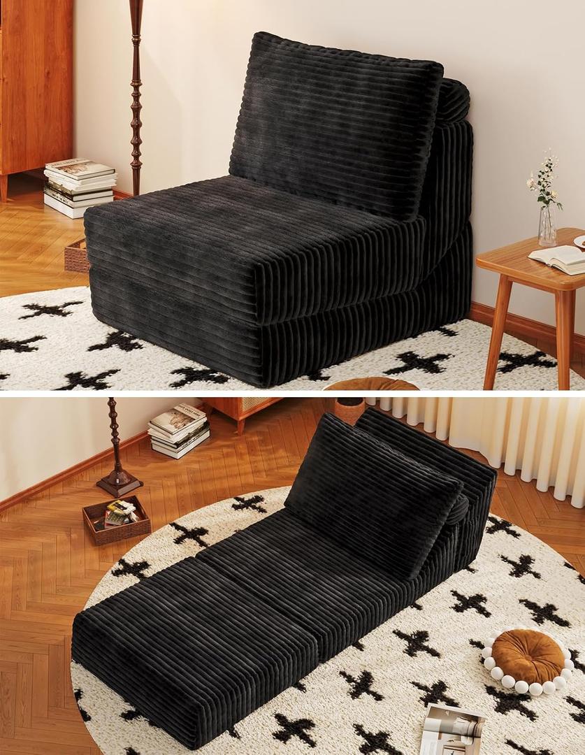 SYFERLORY Folding Sofa Bed Versatile 2 in 1 Accent Chair Couch Convertible Boneless Chaise Lounge Indoor Sleeper Bean Bag Chair Foldable Mattress with Back Support, Put Out Bed Comfy Floor Sofa | Convertible Sofa Bed (Black)