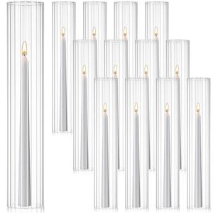 Kritkin 12 Pcs Hurricane Glass Candle Holders 2.5 x 14 Open Ended Tube Ribbed Shade Bottomless Chimney Cylinder Taper Candle Cover for Wedding Anniversary Table Centerpiece