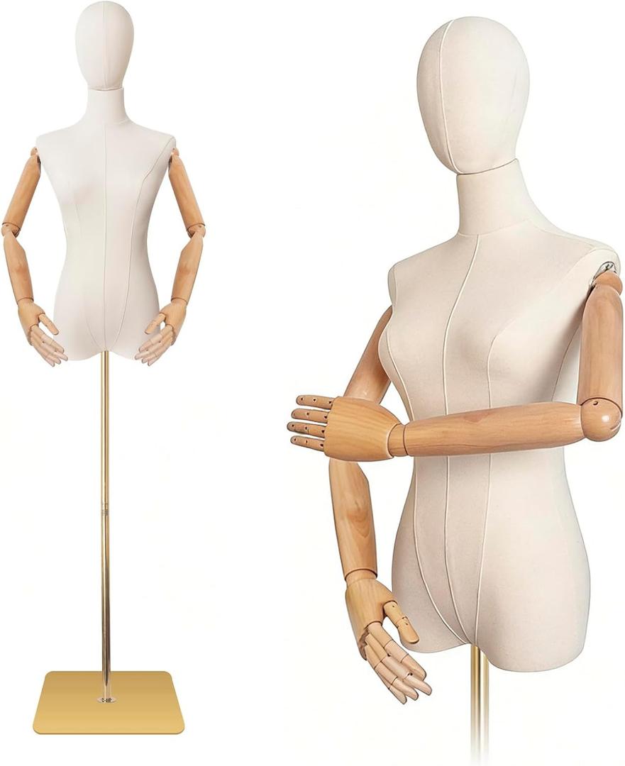 Female Linen Fabric Mannequin Torso Dress Form with Detachable Head, Two Wooden Hands and Height-Adjustable Metal Display Stand