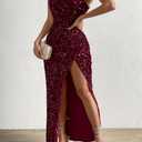 Zeflows Womens Sequin One Shoulder Sleeveless Wedding Guest Dresses High Split Sparkly Glitter Gowns Bodycon Maxi Dresses, Maroon-S (S)