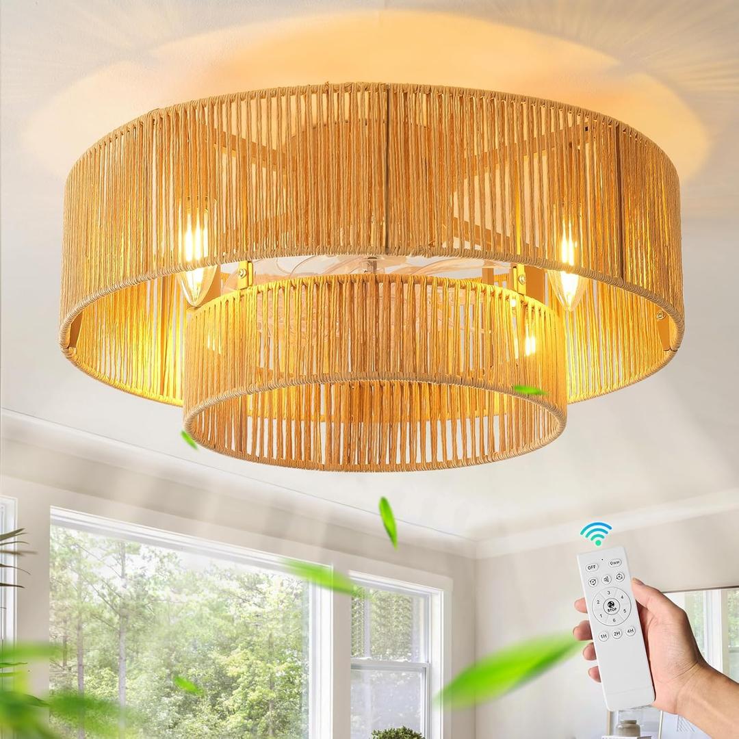 20 Inch Boho Caged Ceiling Fans with Lights Flush Mount, Boho Rattan Fandelier Ceiling Fan with Light Remote Control with Reversible 6 Speeds for Bedroom, Nursery, Living Room, E12 Base,Indoor, 20 Inch Boho Caged Ceiling Fans with Lights