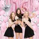 Sweet 16th Birthday Decorations Pink, Happy Birthday Decorations for Girls Pink Silver Balloons Number 16 Balloons,Fringe Curtain, Crown Balloon, Star Balloon for Her Girl 16th Birthday Princess Party