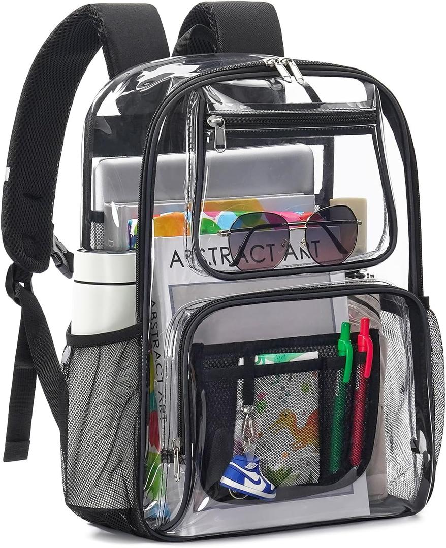 Heavy Duty Clear Backpack For Kids Women Men Boys Girls, 17 Inch Large See Through Backpack, 360 3M Reflective Strips Clear Bookbag, Transparent Bag For School College Sport Work Travel, Black