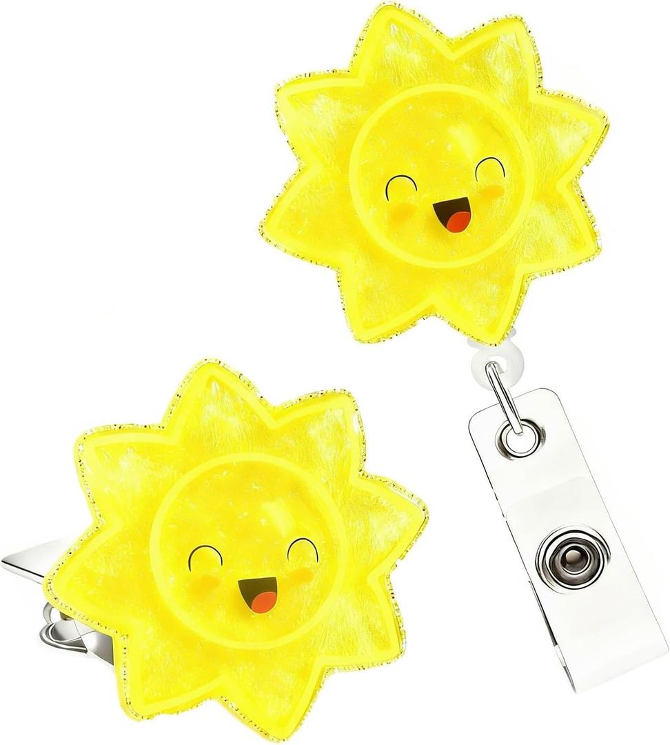 2 PCS Glitter Sun Badge Reel Retractable Acrylic Smiley Face ID Badge Holder with Alligator Clip for Social, Worker
