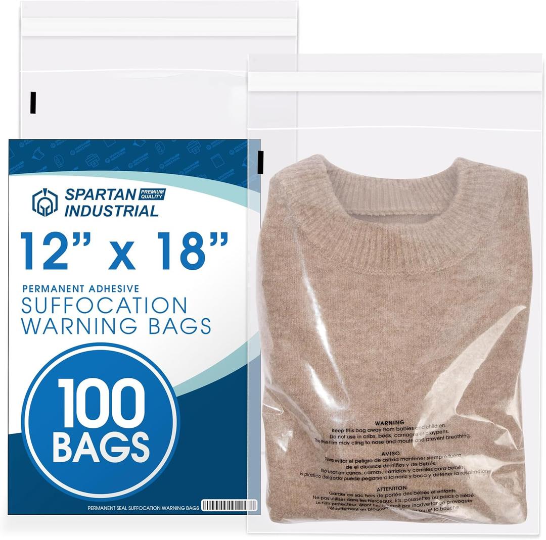 Spartan Industrial - 12” X 18” (100 Count) Self Seal Clear Poly Bags with Suffocation Warning for Packaging, Clothes - Permanent Adhesive