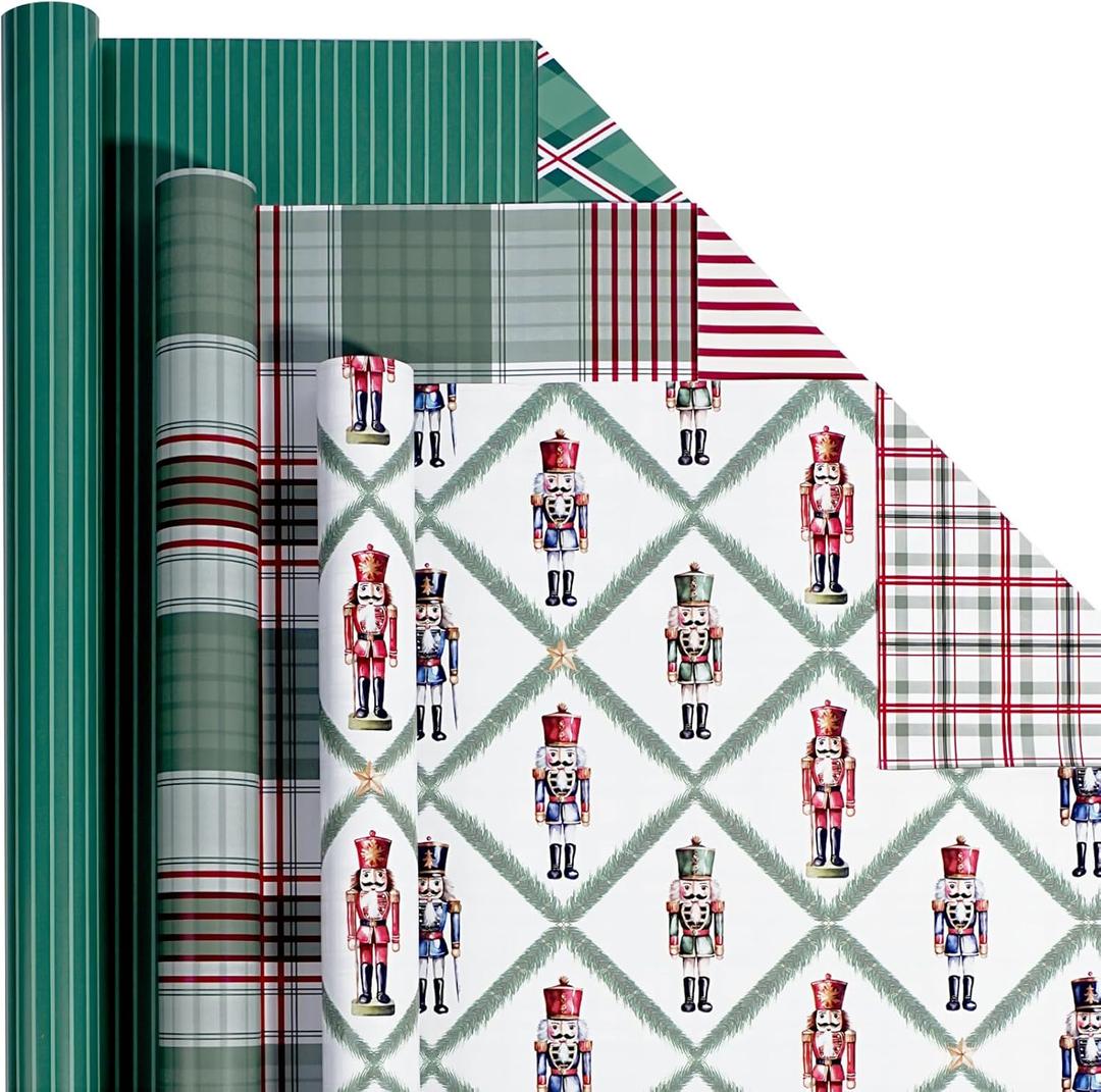 LaRibbons Reversible Christmas Wrapping Paper Mini Roll, 3 Rolls 17" x 120" , Featuring Northfolk Pine Nutcracker Soldiers, Plaid, Stripes and Argyle Patterns, Ideal for Christmas, Holiday, Winter Parties