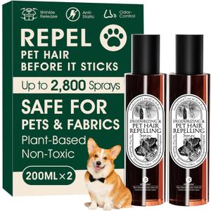 4-in-1 Pet Hair Repellent Spray, Pet Hair Dissolver & Odor Neutralize, Plant Based Enzymes, Safe for Pets, Clothes & Furniture, Refresh Pine Nut Scent, 13.52 fl oz, 2 Full Size Pack