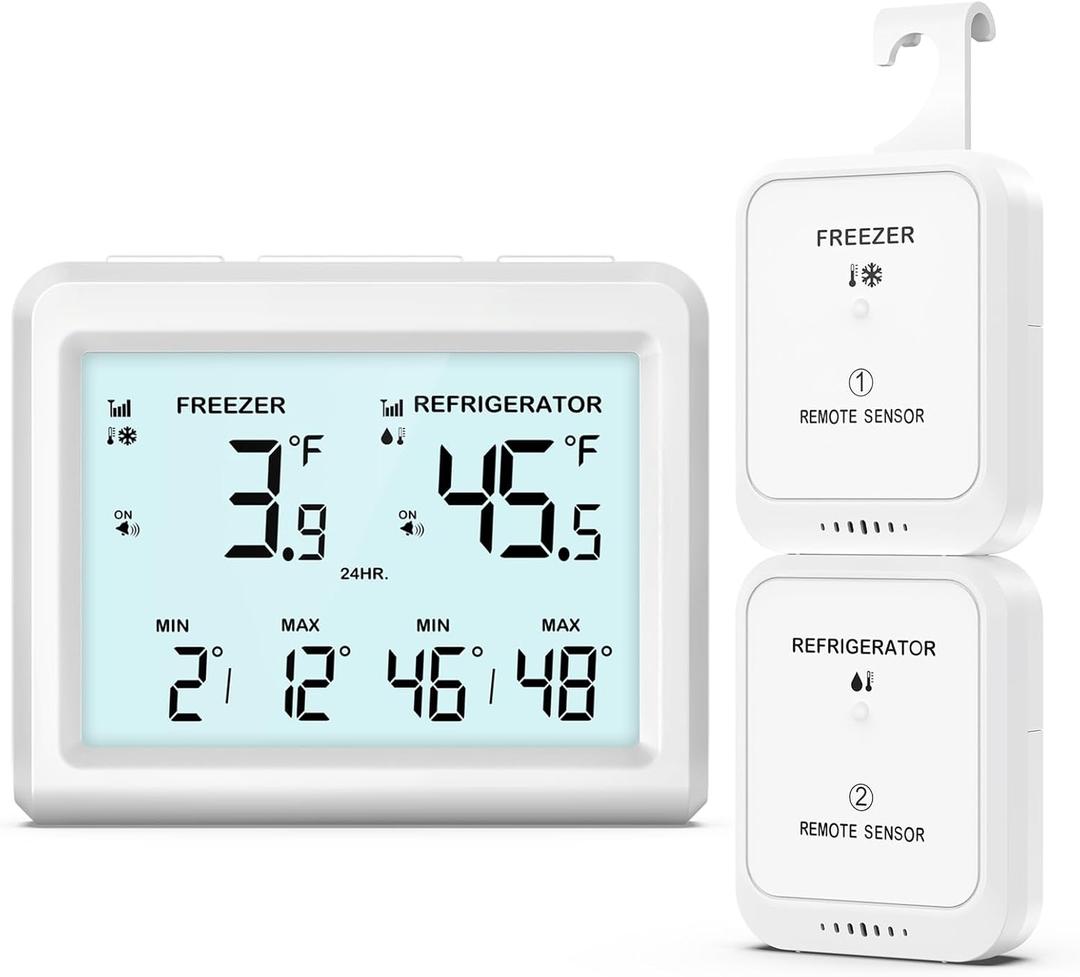 ORIA Digital Refrigerator Thermometer, Wireless Fridge and Freezer Thermometer with 2 Sensors, Indoor Outdoor Thermometer with Alarm, Max/Min Records, LCD Backlight, for Home, Restaurants, Cellars (#White)