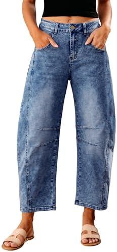 GRAPENT Barrel Jeans for Women Trendy High Waisted Wide Leg Baggy Cropped Relax Fit Stretch Denim Trouser Ankle Pants.Large