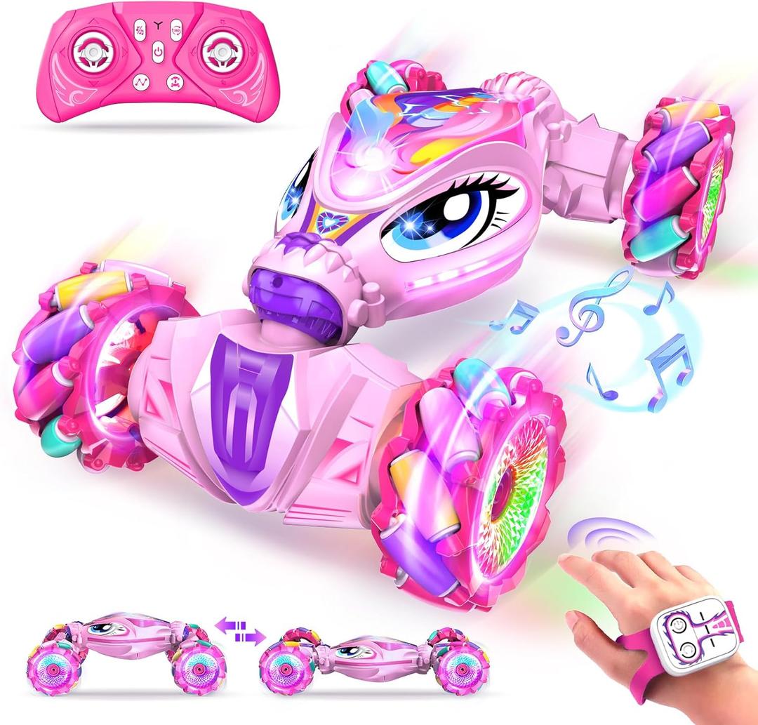 Unicorn Remote Control Car for Girls Age 6-8-12, Pink RC Gesture Sensing Stunt Cars, 2.4Ghz 4WD RC Cars Hand Controlled Remote Control Twist Car with Light & Music, Gift for Kids Age 6 7 8 9 10 11 12+