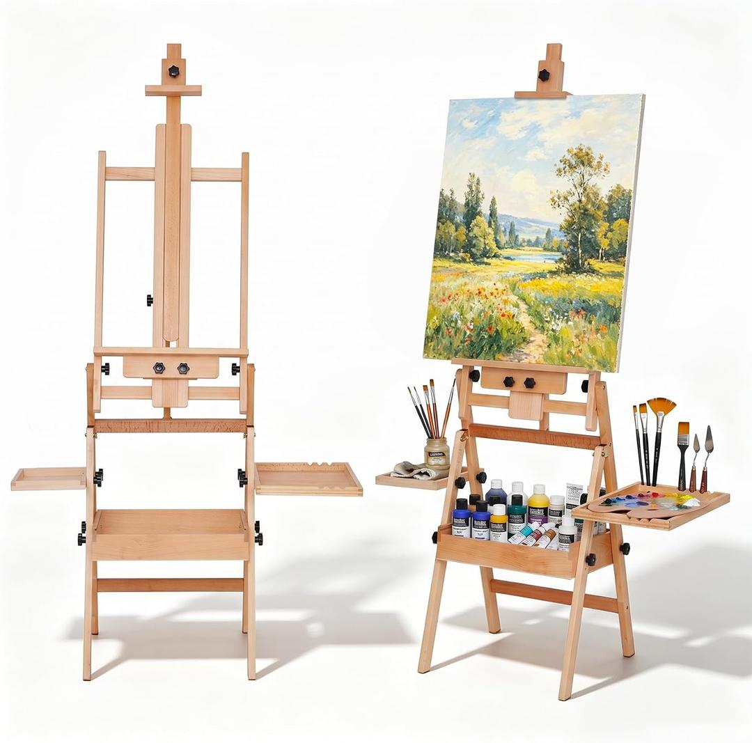 Wood H-Frame Easel, Large Painting Easel with Storage Box and Palette, Solid Beech Wood Made Professional Foldable Studio Art Easel Stand for Painting, Holds Canvas up to 50"