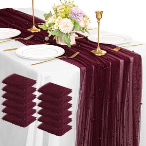 12 Pack 10FT Pearl Table Runner 30x120 Inch Burgundy Tulle Fabric Boho Rustic Sheer Table Runners Lace Table Cloth for Wedding Bridal Shower Birthday Party Arch Veil Dessert Table Decor (Burgundy)