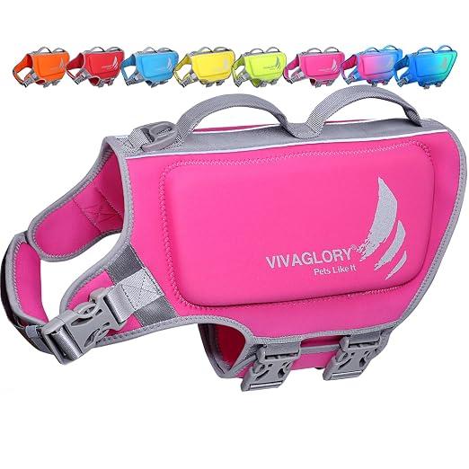 VIVAGLORY Dog Life Jacket, Skin-Friendly Neoprene Life Jackets for Pets, with Dual Rescue Handles and Superior Buoyancy, Pink, Large