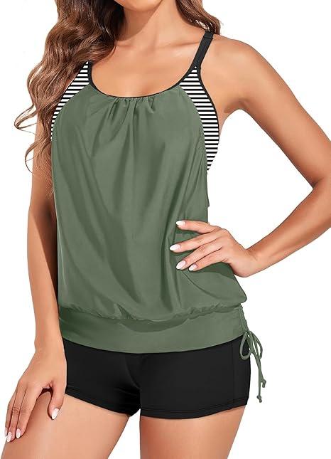 Holipick Blouson Tankini Swimsuits for Women - Two Piece Tummy Control Bathing Suit with Shorts Modest Swimwear (16W, Army Green Striped)