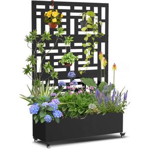 Metal Planter Box with Trellis, 71"x 47"x 16" Raised Garden Bed with Trellis & Wheels, Privacy Planters for Patio, Planter Box with Drainage Holes for Climbing Plants, Flower, Vegetable