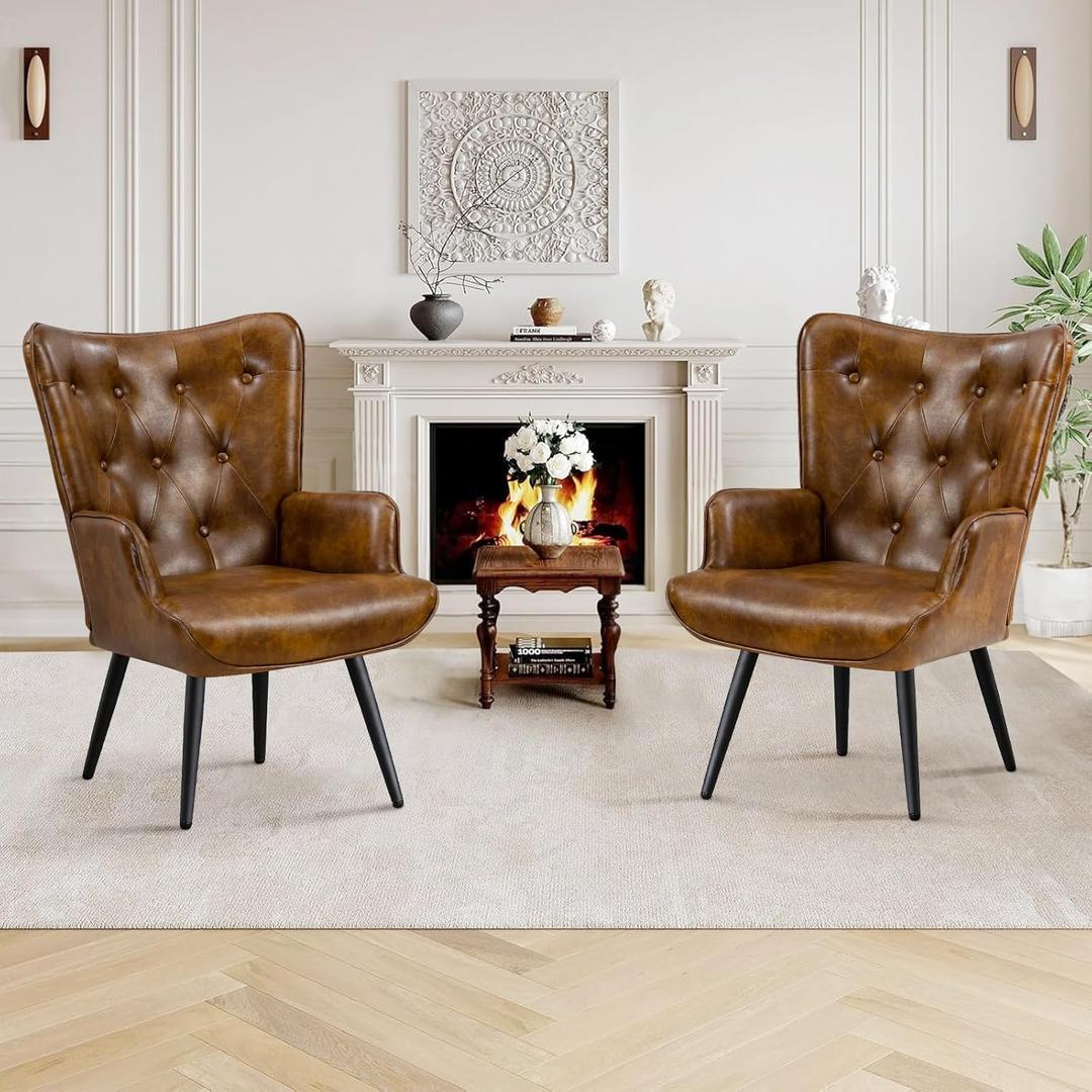 Furniliving PU Leather Accent Chair for Living Room, Upholstered Reading Chair with High Backrest, Tufted-Button Wingback Armchair for Bedroom, Dressing Room, Home Office, Brown, Set of 2