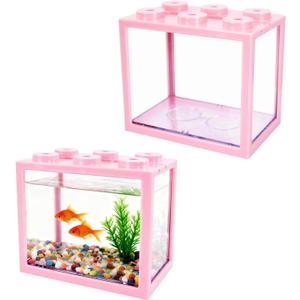2 PCS Small Betta Fish Tank, 0.6 Gallon Mini Aquarium Tank, Pink Cube Fish Bowl, Desktop Stackable Tank for Small Fish, Insect, Shrimp, Turtle, Spider