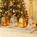 DECORKEY Christmas Lanterns Decorations Outdoor&Indoor, 4PCS Decorative Candle Holder Set with Christmas Tree, Snowman, Reindeer, Santa Claus Openwork Patterns, Hanging&Tabletop Decor (No Glass) (Golden *2+silver *2)