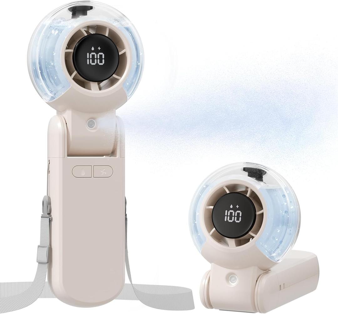 TriPole Misting Fan Portable Turbo Hand Held Fan with Water Mist, LED Display, 4000mAh Recahrgeable Battery, Neck & Desk Use, Personal Mini Handheld Mister Spray Bottle Fans for Outdoor Camping, Beige