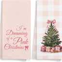 Pink I'm Dreaming of A Pink Christmas Tree Winter Kitchen Towels Set of 2 Decor Gifts for Women Girls, Cute Coquette Bow Trendy Festive Decorative Dish Hand Towels for Bathroom 16x24 Inch