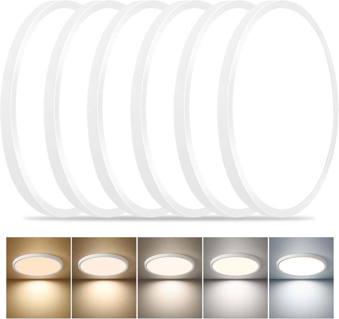 6PK Dimmable 12 Inch LED Flush Mount Ceiling Light, 24W, 2520LM, 2700K/3000K/4000K/5000K/6000K CCT Selectable, White Round Flat Panel Light Low Profile Ceiling Lamp for Bedroom/Kitchen/Living Room