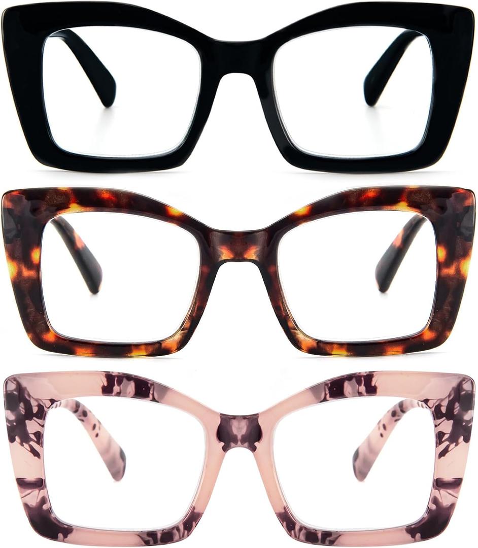 REAVEE Oversized Square Reading Glasses for Women, Blue Light Blocking Large Frame Computer Readers Spring Hinge