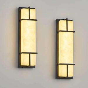 15.7inch Alabaster Wall Sconces Set of Two, 3 CCT Dimmable Square Natural Marble Lampshade Wall Sconce, Modern Hardwired LED Alabaster Sconces for Dining Room Stairs Bedroom Black