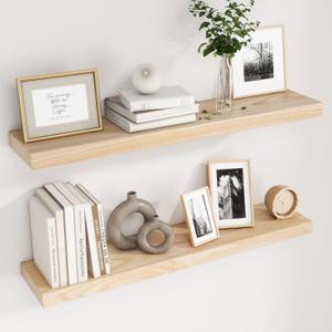 fuqing Natural Wood Floating Shelves, 36 Inch Wood Floating Shelves Set of 2, Natural Raw Wood Shelves for Living Room Bedroom Home Office - Natural