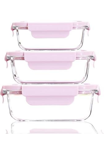 Aurixx Pink Glass Food Storage Containers with Airtight Vented Lids – 2 Piece Set – Leakproof, BPA free, Microwave, Dishwasher, Oven and Freezer Safe