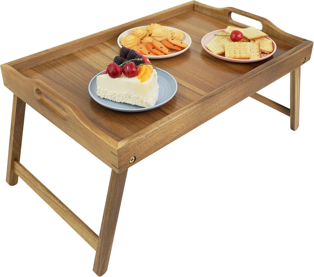 Utoplike Acacia Bed Tray Table for Eating, Large Breakfast Tray with Folding Legs, Wood Serving Trays for Laptop Working
